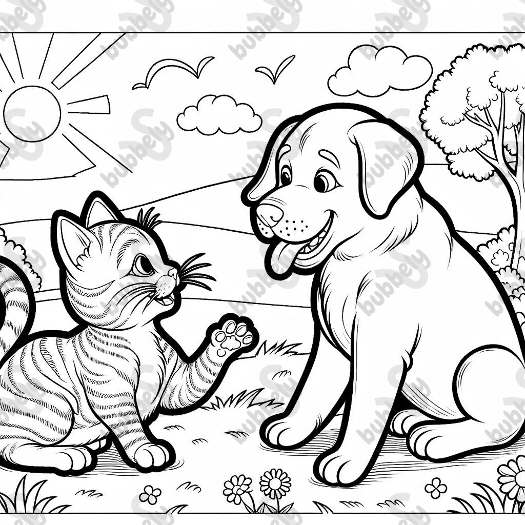 tabby cat with white belly and lab retriver 