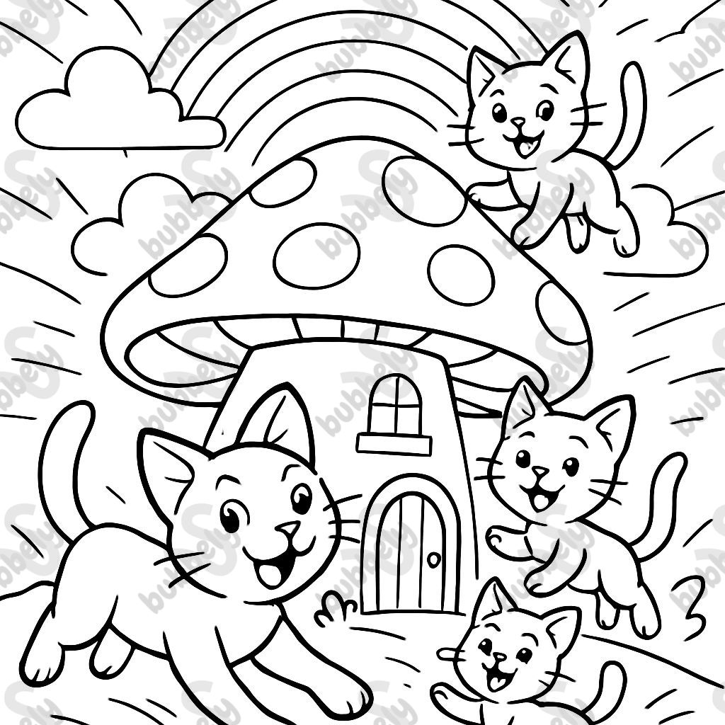 Maison en champignon avec une famille de chats et arc-en-ciel Maison en champignon avec une famille de chats et arc-en-ciel