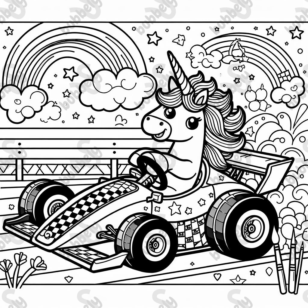 A race car being driven by a unicorn