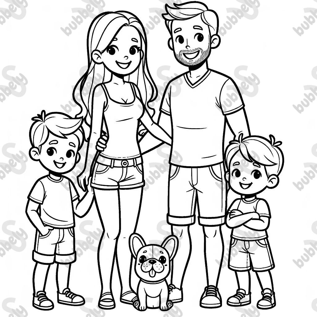 dad, mom, two boys in shorts and small french bulldog