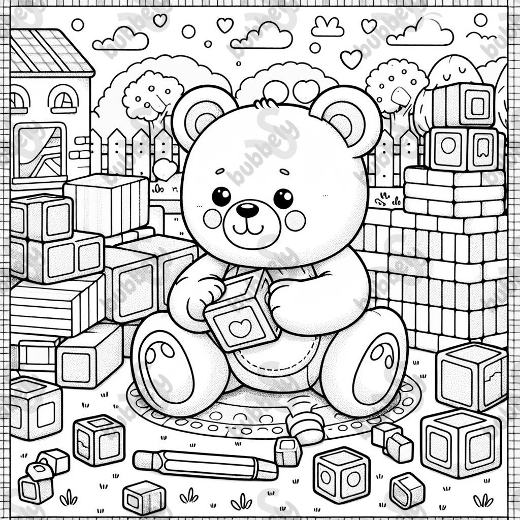 Teddy bear playing with blocks