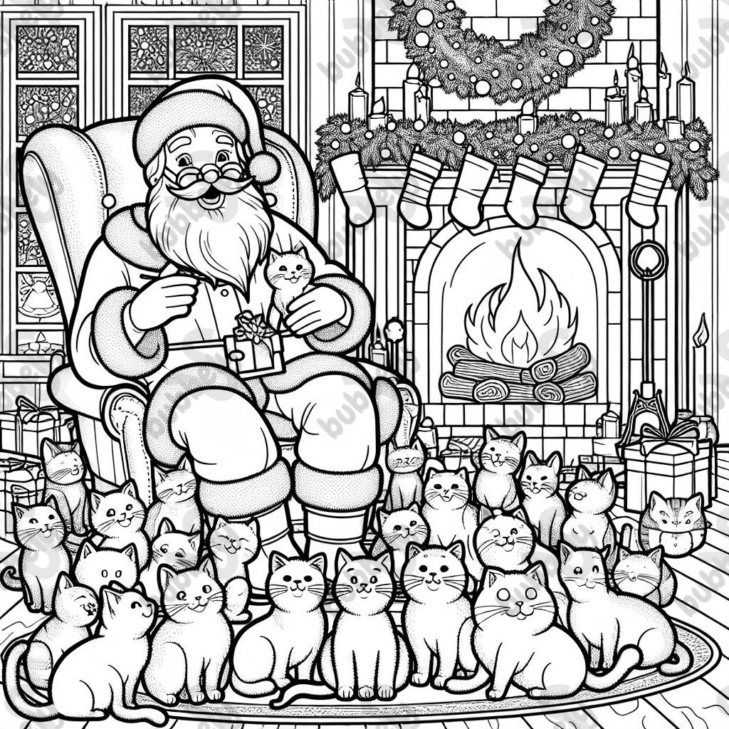 Santa claus with a bunch of cats in front of a fireplace