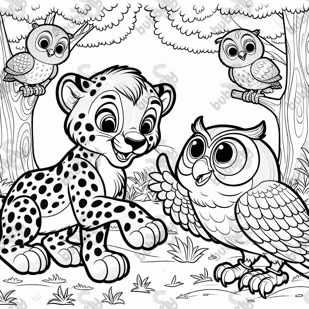 Cheetahs and owls, two fascinating animals featured in this coloring page.