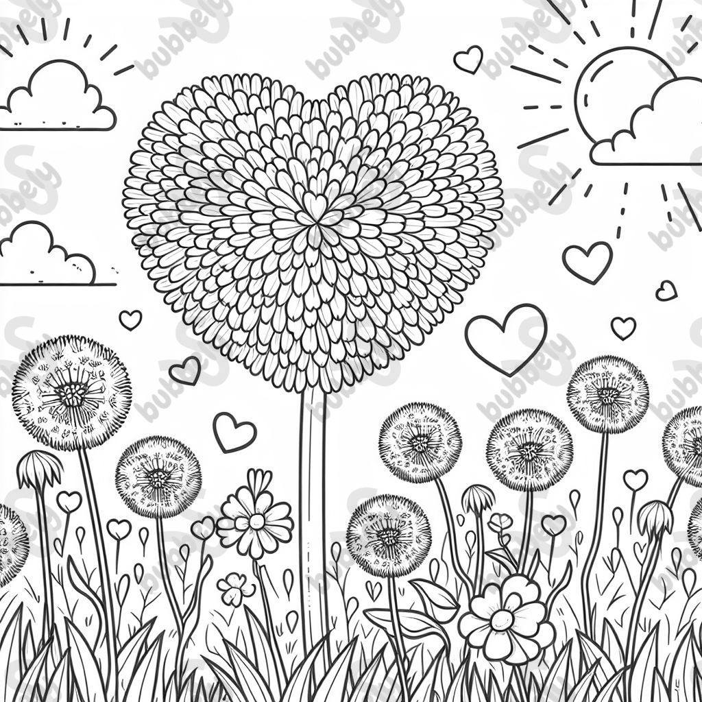 A puffy dandelion shaped like a heart in a field of smaller dandelions. A puffy dandelion shaped like a heart in a field of smaller dandelions.