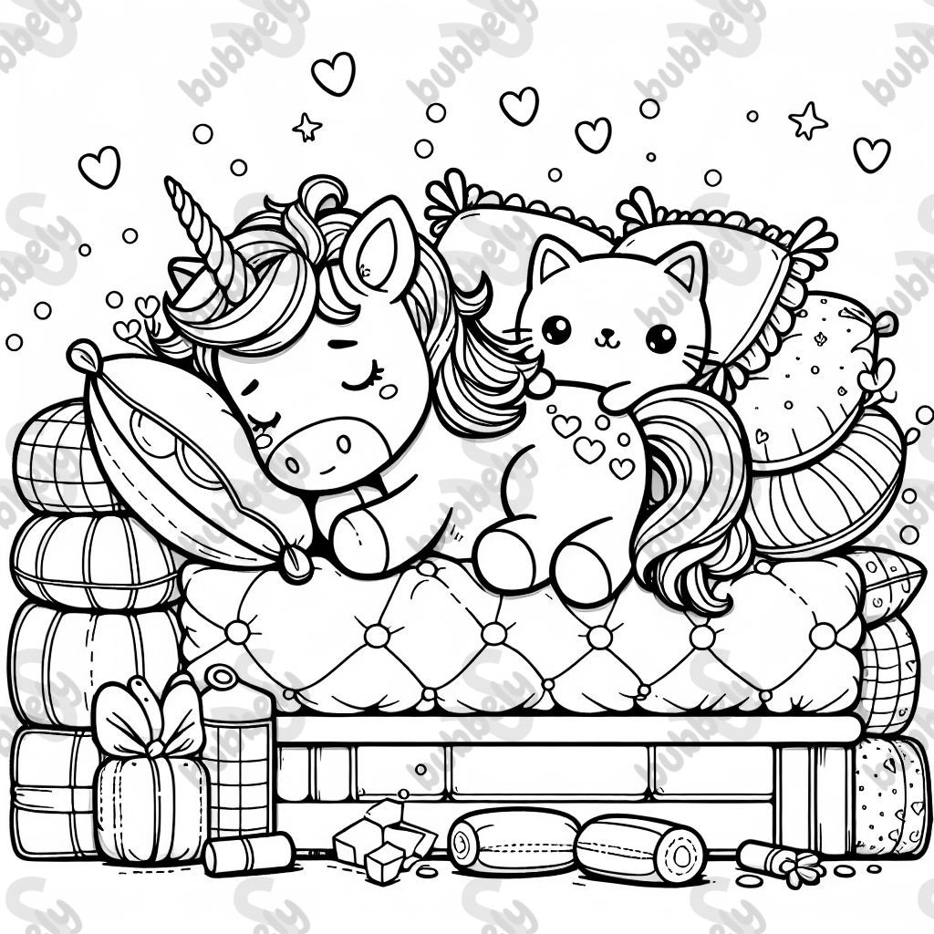 Ein Einhort, das in einem Bett mit vielen Kissen schläft und ein Kuscheltier in Form einer Katze hat. Ein Einhort, das in einem Bett mit vielen Kissen schläft und ein Kuscheltier in Form einer Katze hat.