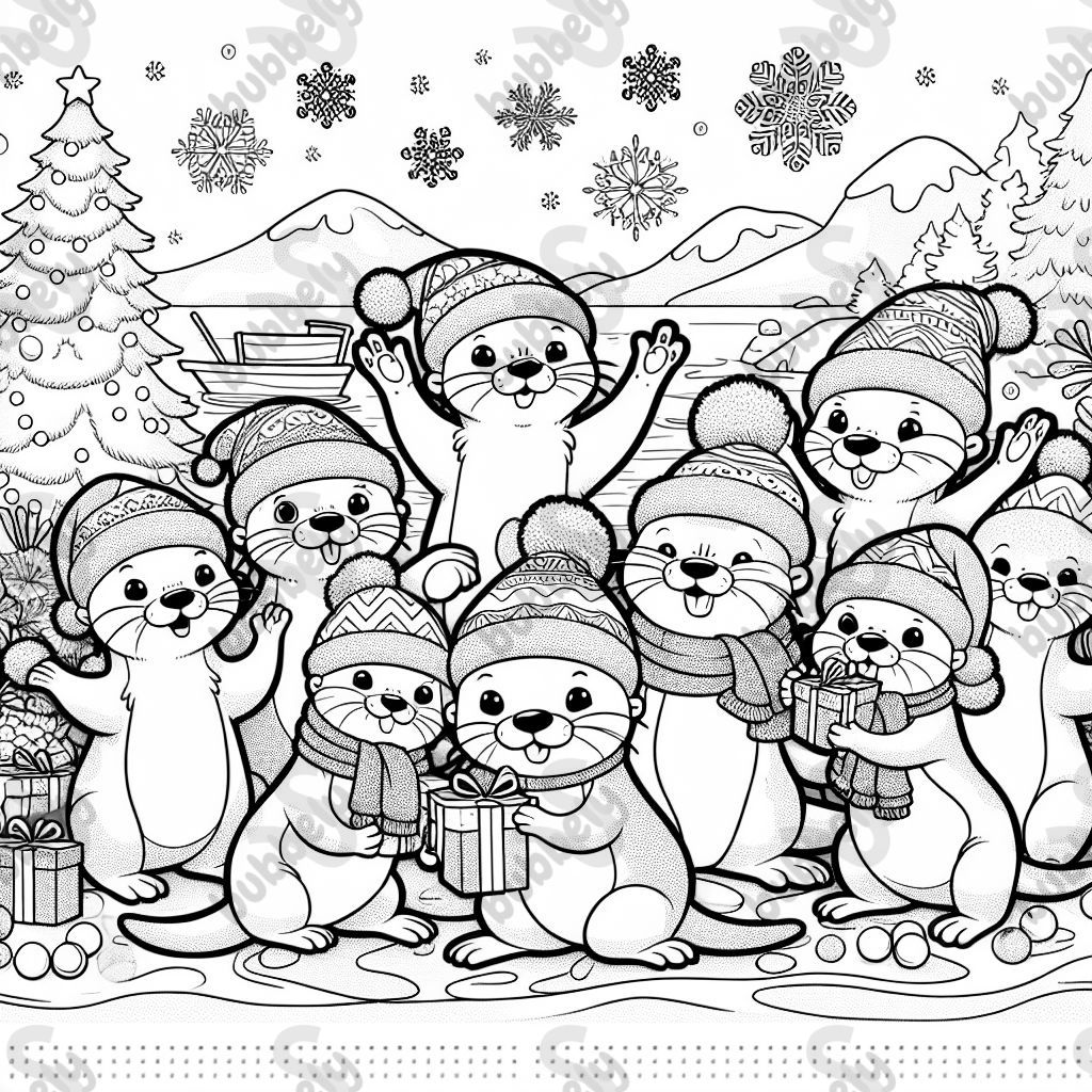 eine Gruppe von 22 Ottern, die Weihnachten feiern