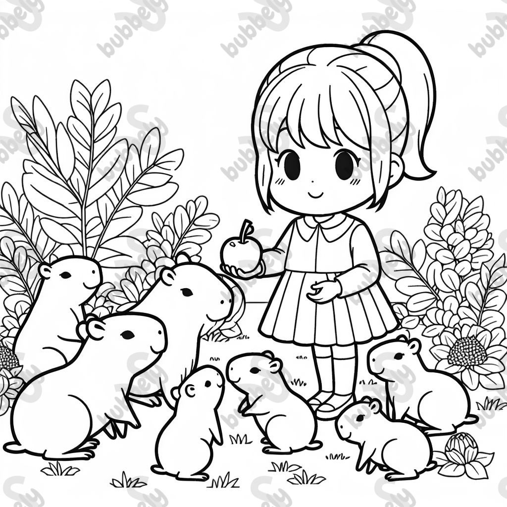 a girl with a ponytail surrounded by capybaras in a garden