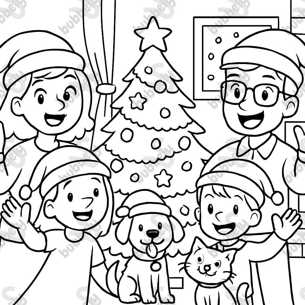 A dog and a cat celebrating Christmas with their family, consisting of a mother, father, daughter, and son.