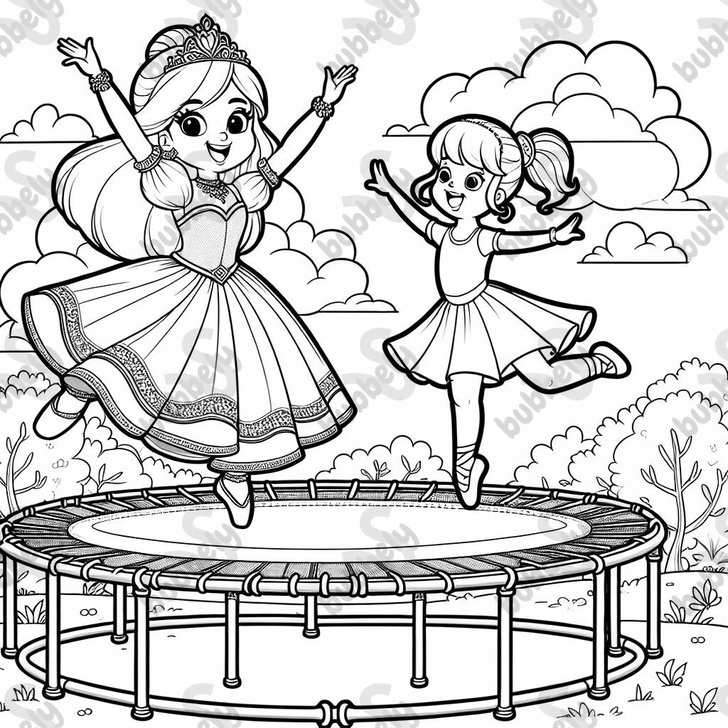 princesse et ballerine sautant sur un trampoline