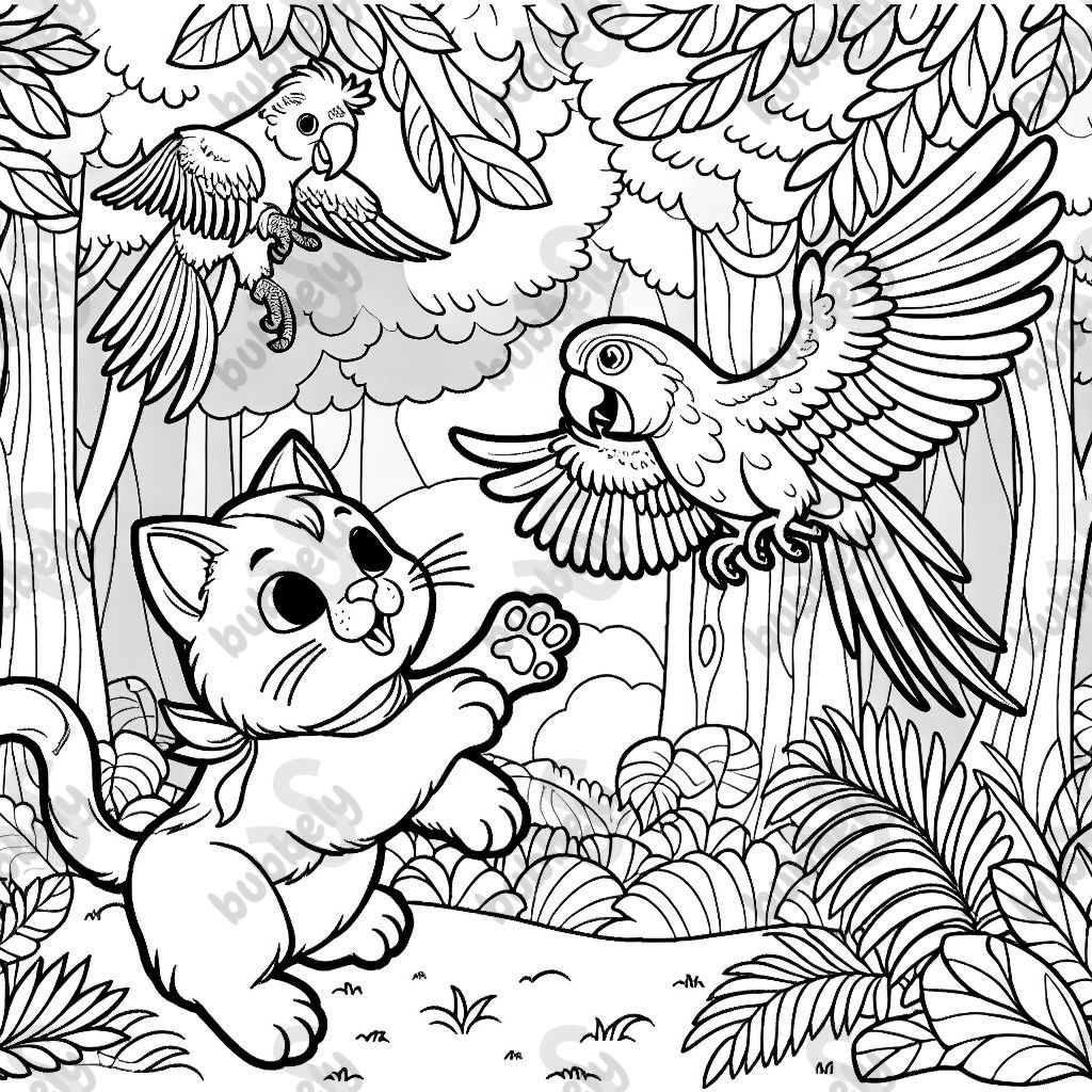 Un chat volant à travers les arbres attrapant un perroquet.