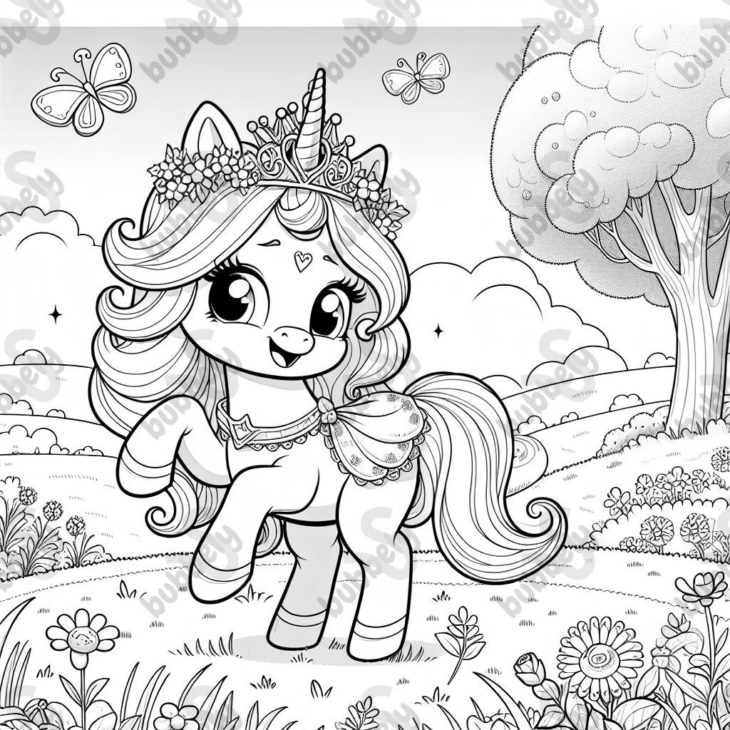 A princess unicorn playing in a meadow