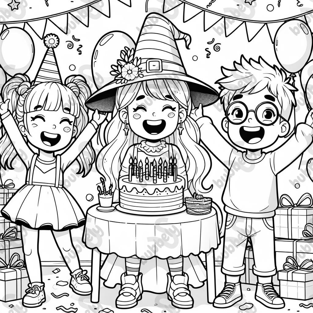 drei geschwister, zwei mädchen und ein junge, feiern mit einer hexe geburtstag