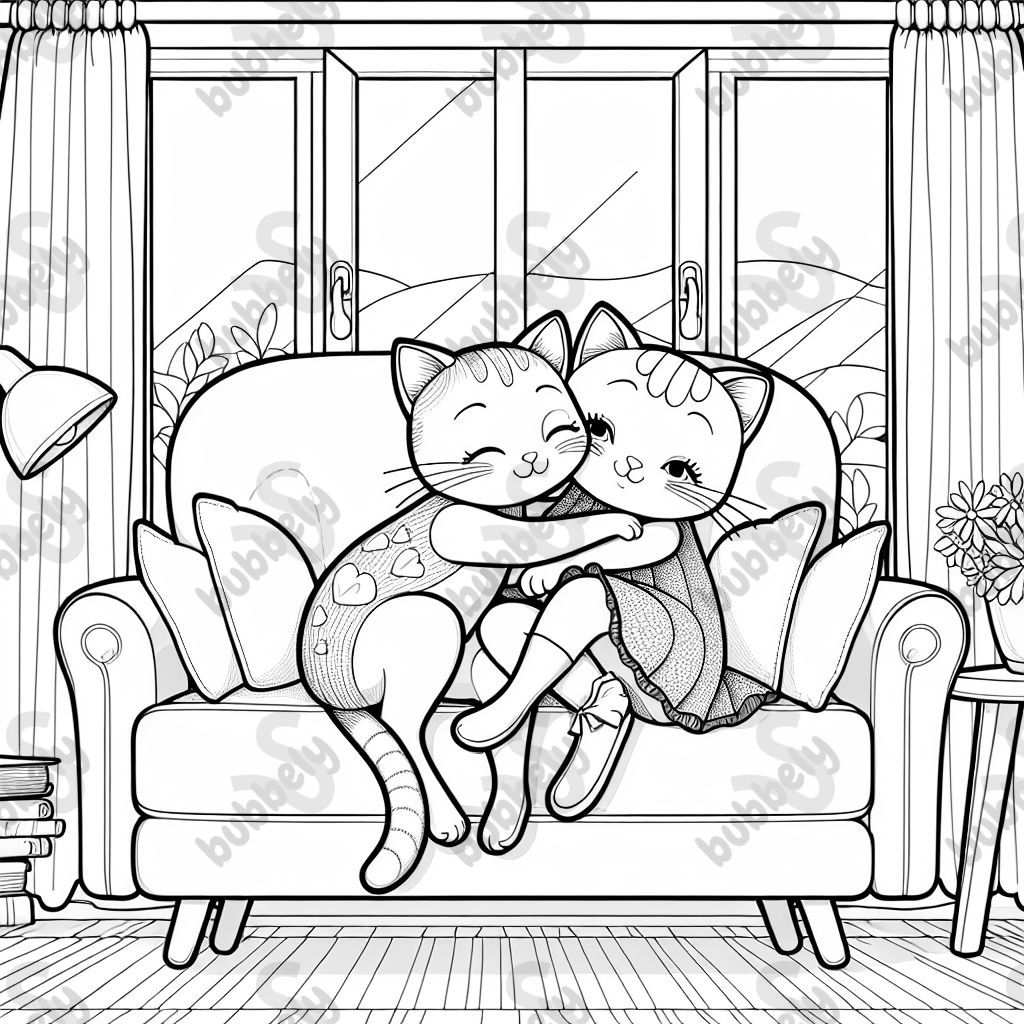 Two cute female cats cuddling on the couch.