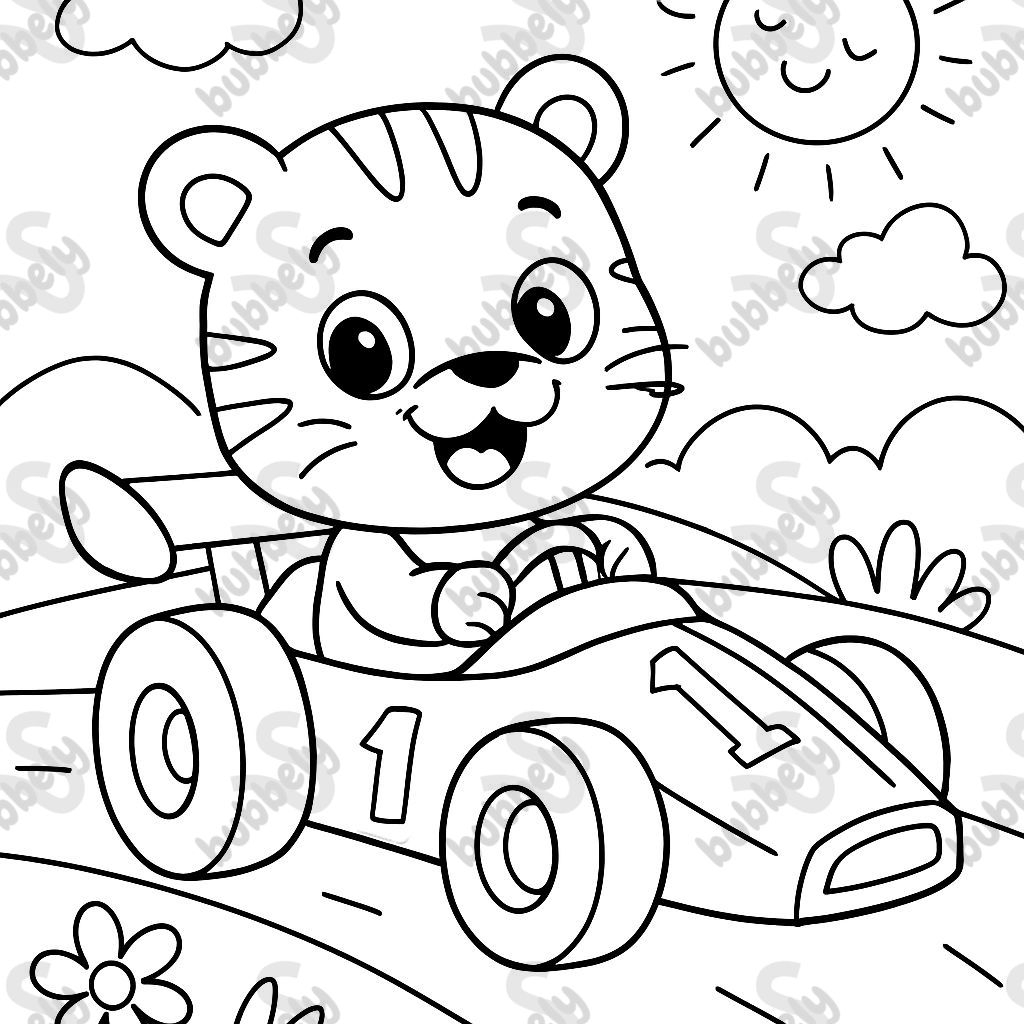 Un bébé tigre avec une voiture de course