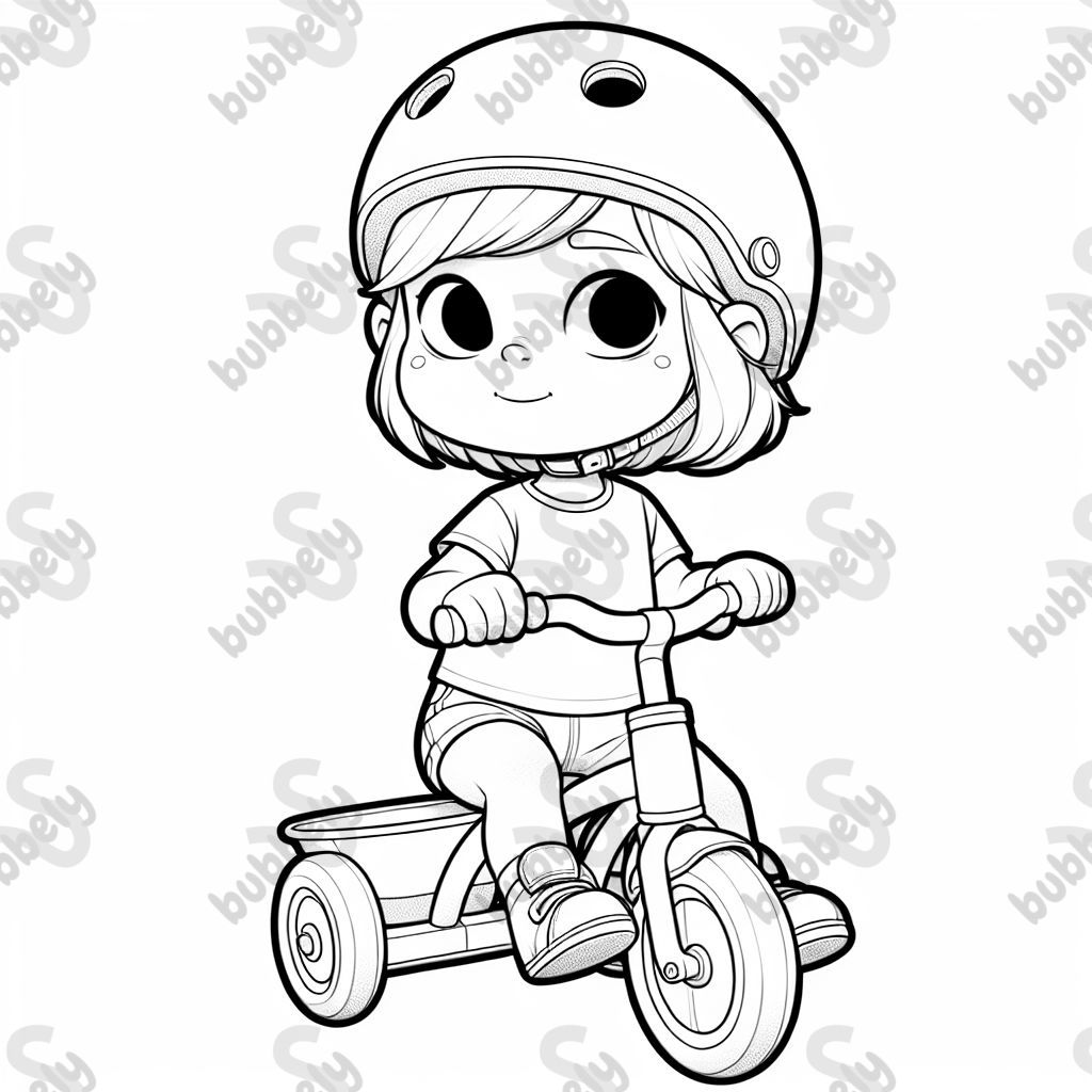 Blonde toddler girl wearing helmet and riding a tricycle