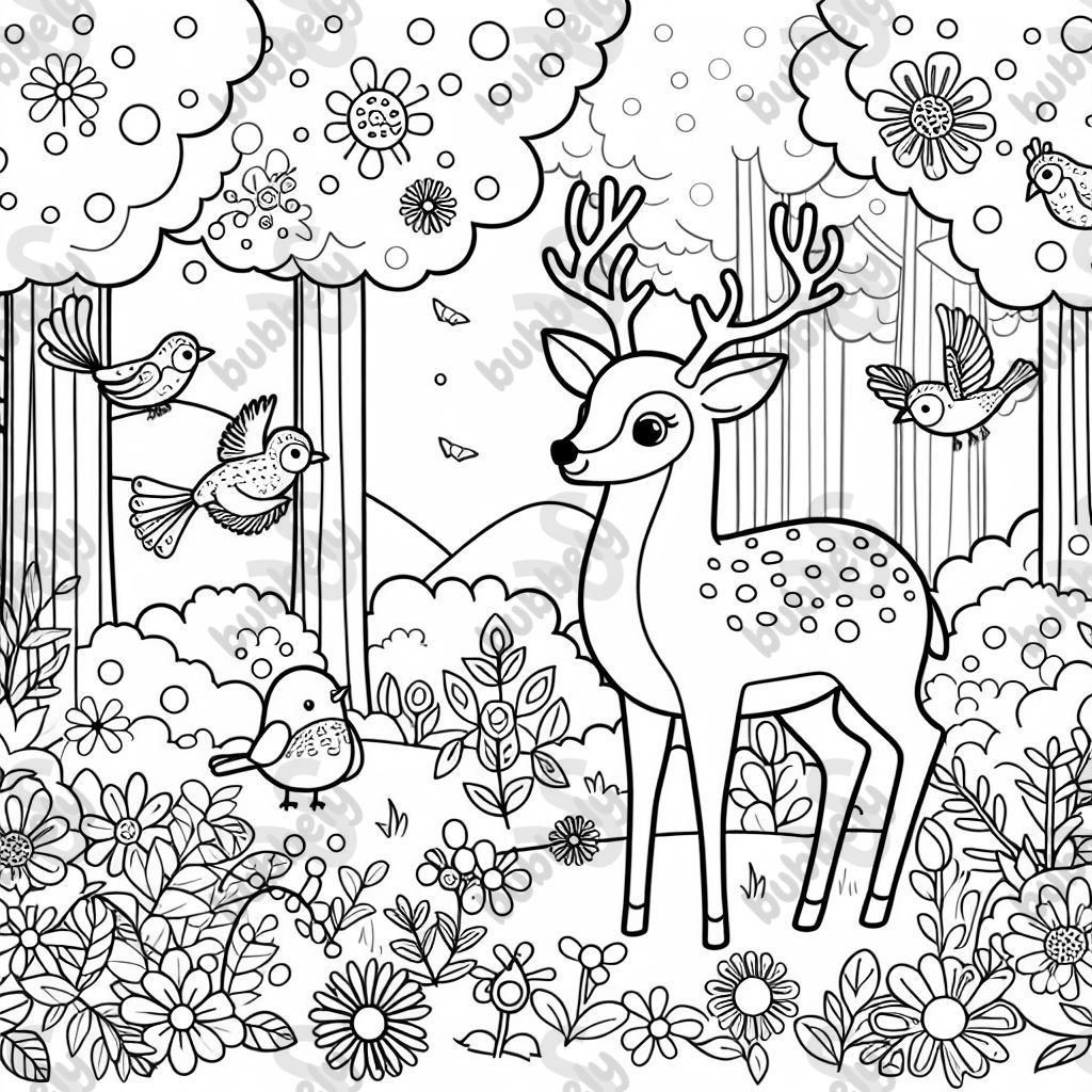 Forest with a deer, birds and flowers