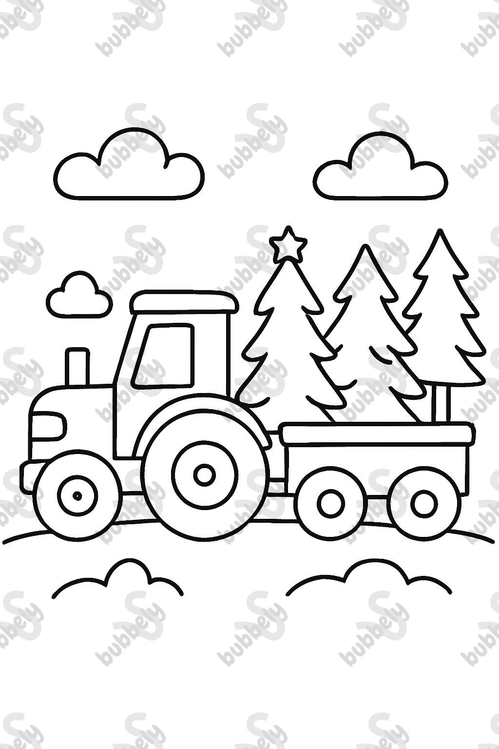 Ein Traktor mit einem Anhänger, der Weihnachtsbäume transportiert. Ein Traktor mit einem Anhänger, der Weihnachtsbäume transportiert.
