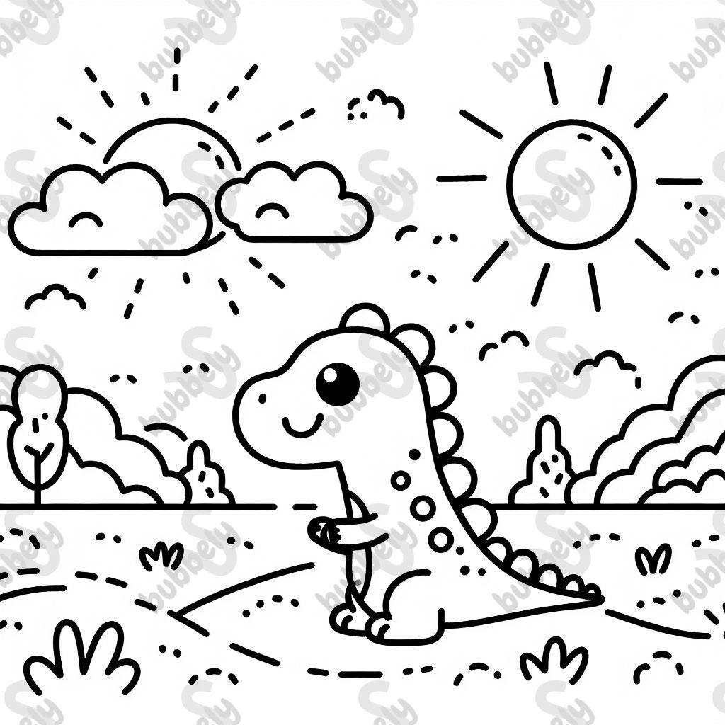 dinosaur with sun and clouds in the background