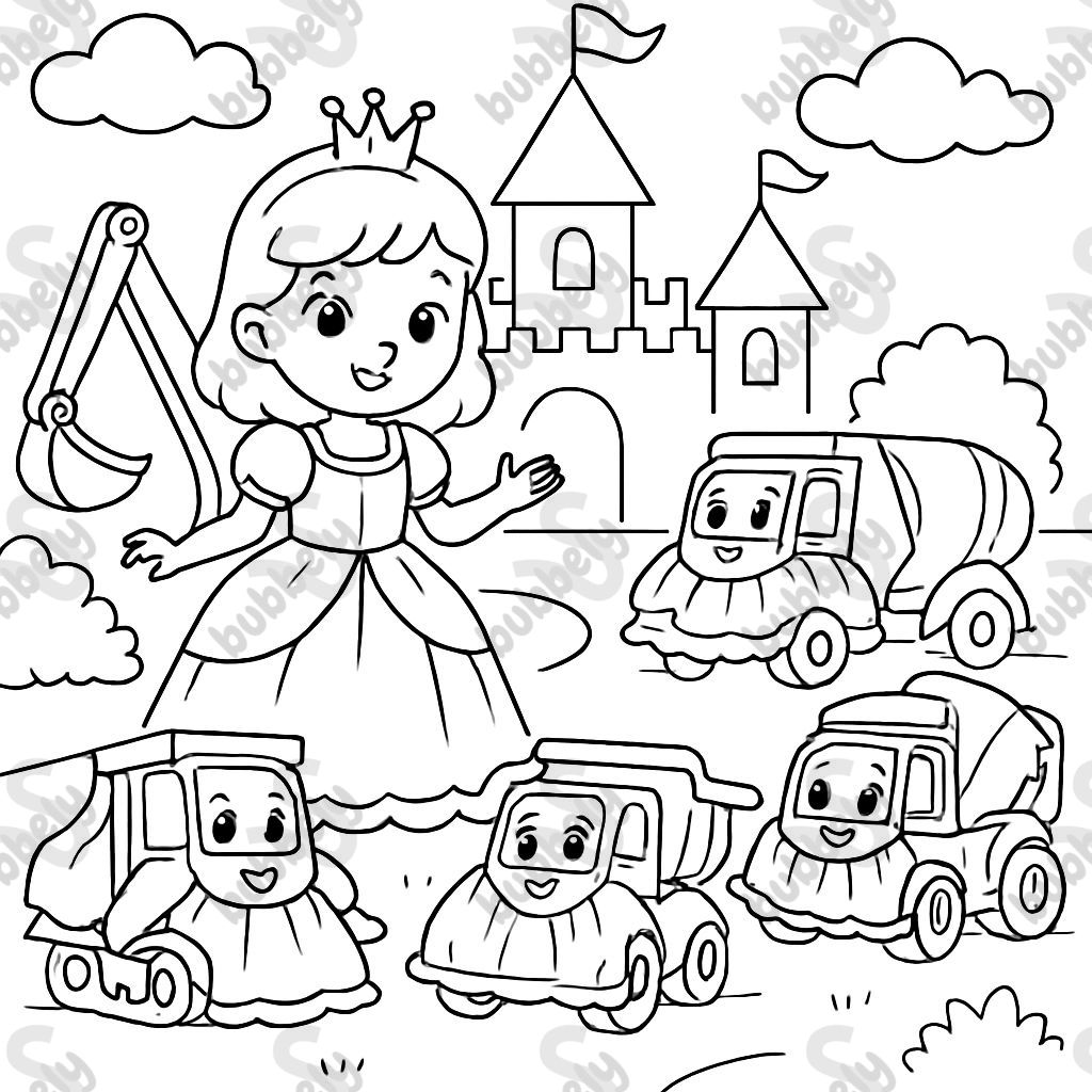 A little girl princess, a small excavator, a small dump truck, a small bull dozer, and a small cement mixer all wearing princess dresses in a castle. A little girl princess, a small excavator, a small dump truck, a small bull dozer, and a small cement mixer all wearing princess dresses in a castle.