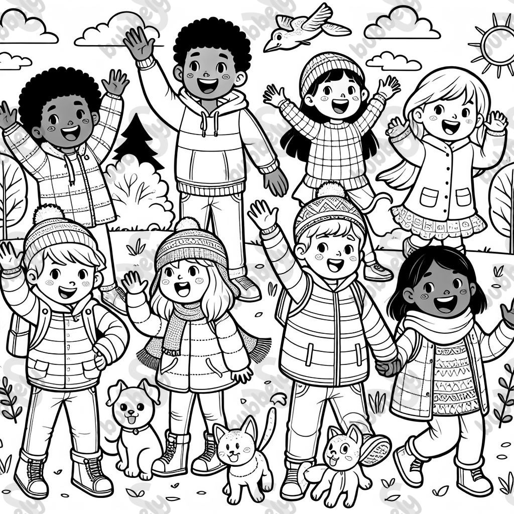 Group of people with children that look white, black, and latino, and arab. They are waving goodbye. They are not wearing winter clothes. There are cats and dogs present and a small dragon.