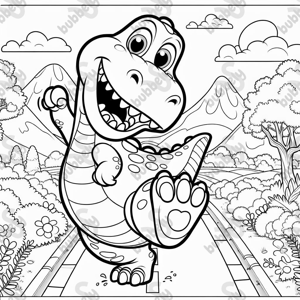 A dinosaur stomping on the road