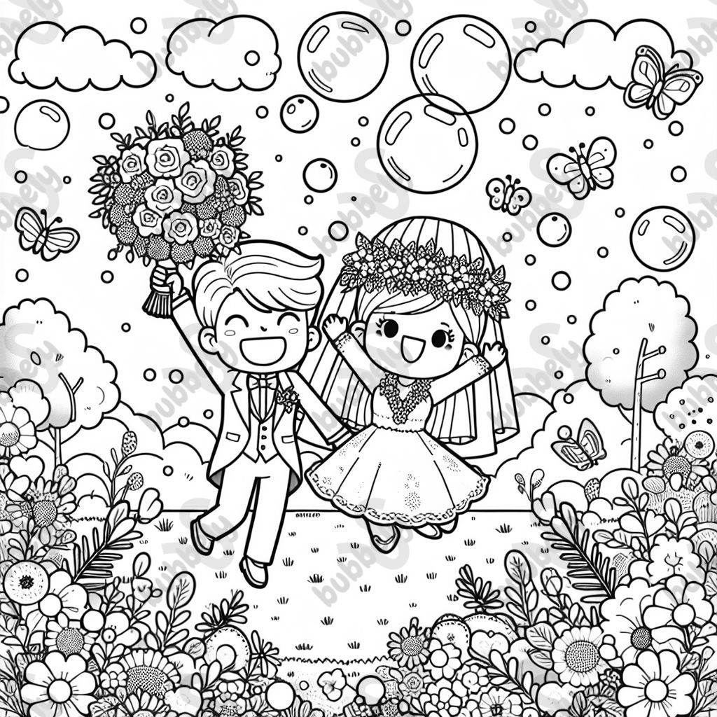 A wedding couple with flowers and soap bubbles A wedding couple with flowers and soap bubbles