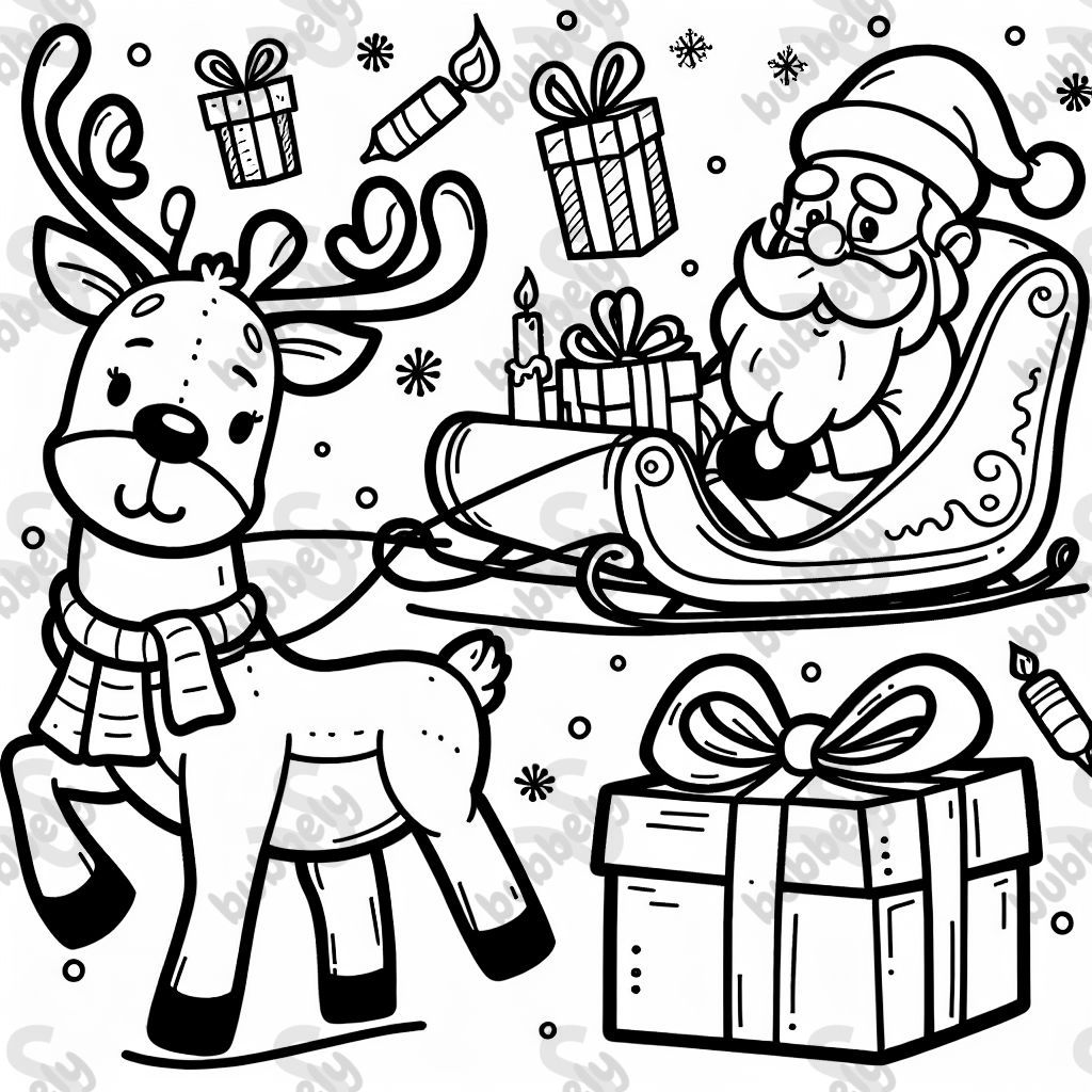 Reindeer with santa, sleigh and presents