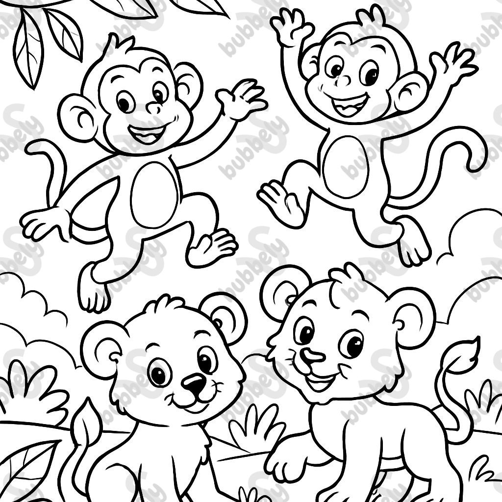 2 singes et 2 bébés lions