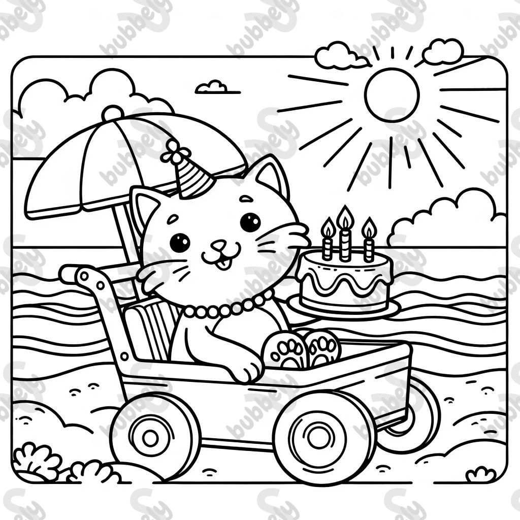a cat in a beach buggy holding a birthday cake in its paws