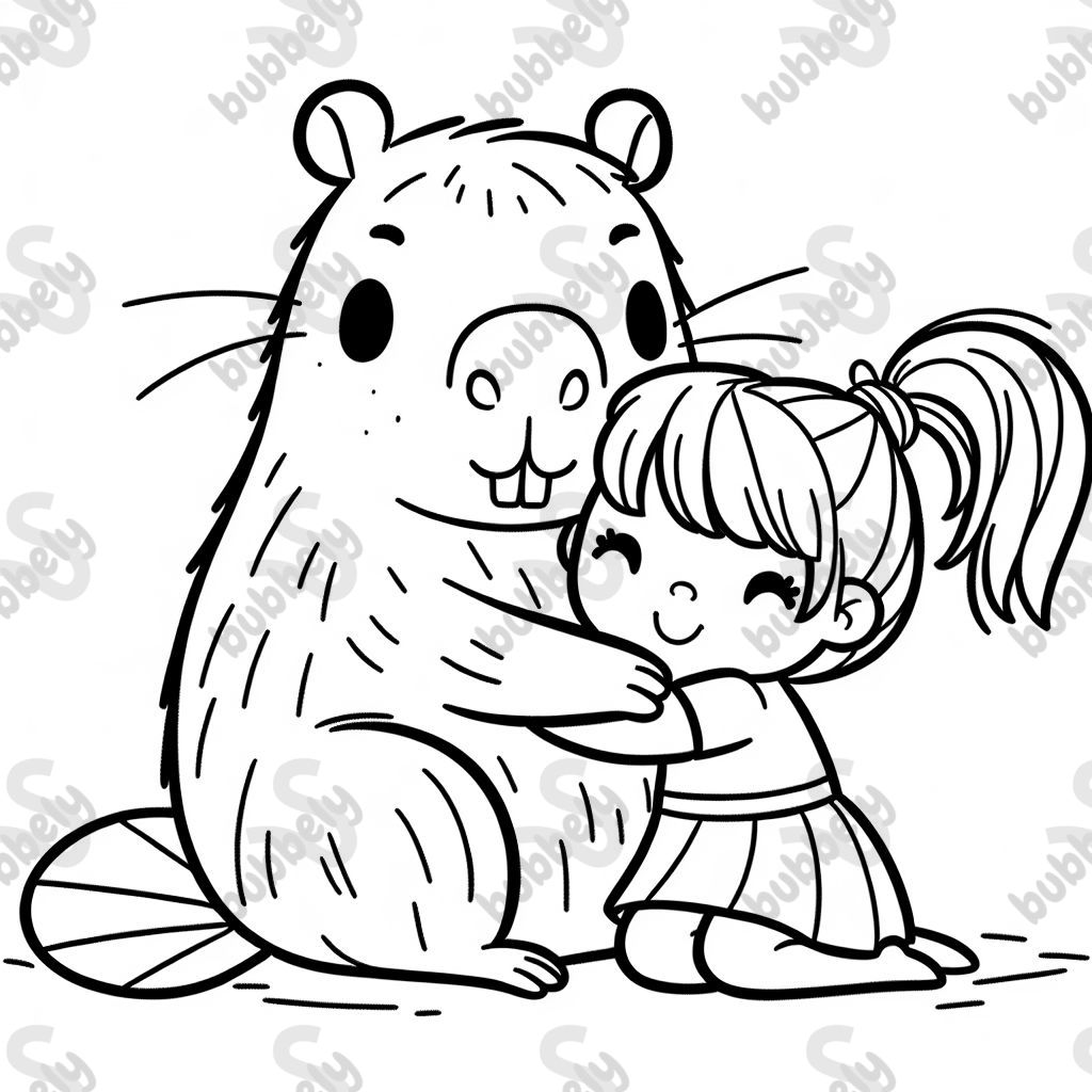a capybara hugging a girl with a ponytail