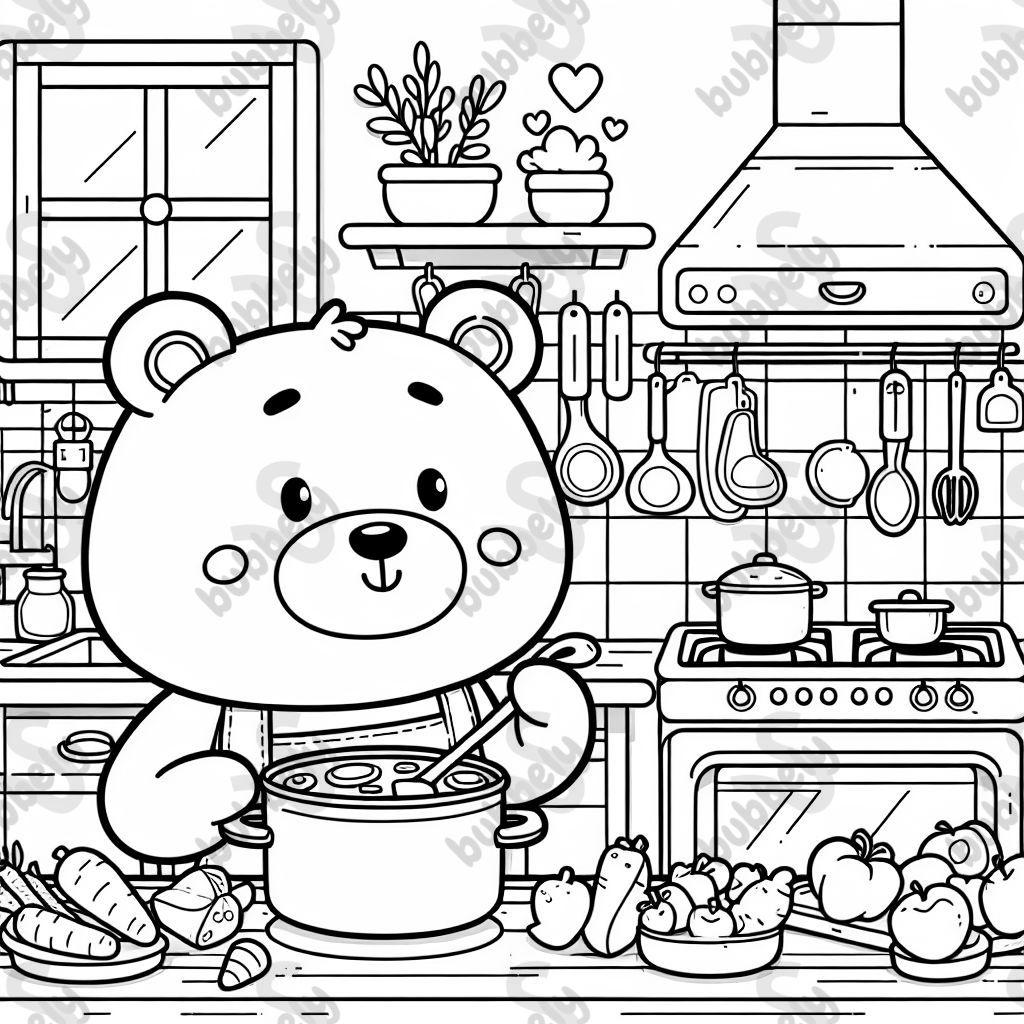 A bear cooking in the kitchen