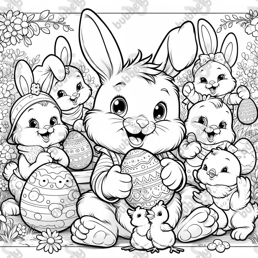 Easter bunnies with Easter eggs and chick
