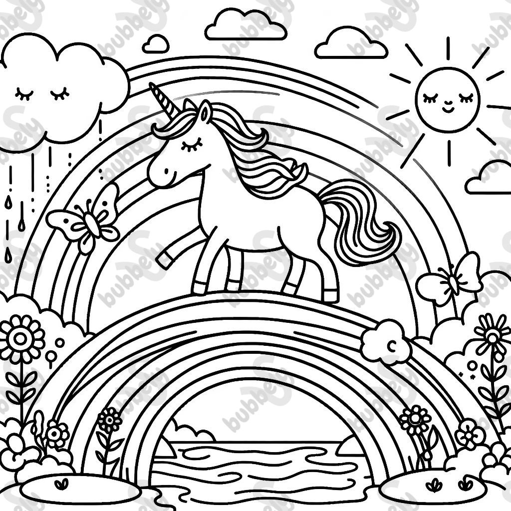 A unicorn running over a rainbow bridge, with clouds and the sun and fairies in the background