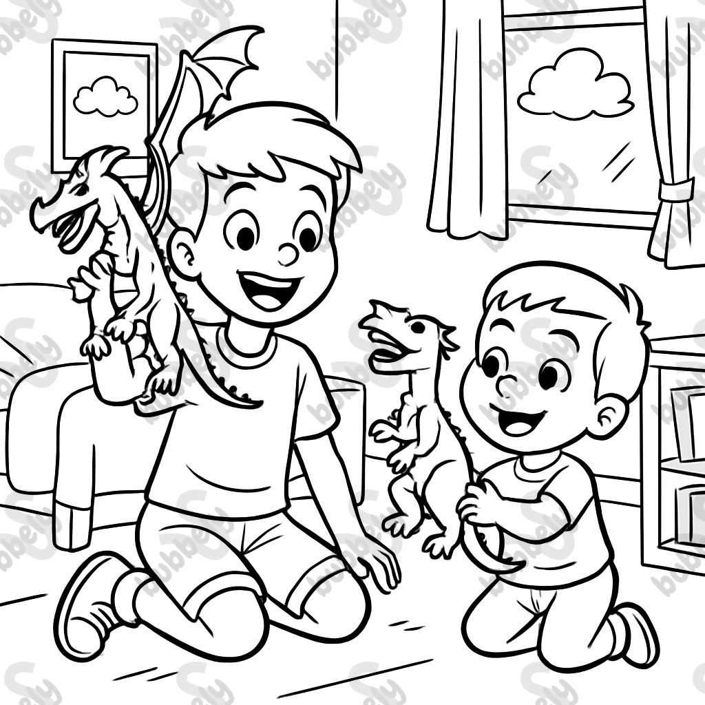 A 7-year-old boy and a 3-year-old boy playing with toy dragons.