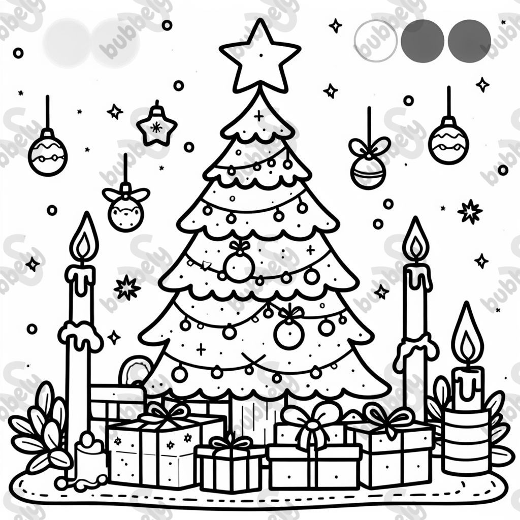 Einen Weihnachtsbaum mit Kugeln und Kerzen und einem Stern als Spitze mit Geschenken unterm Baum Einen Weihnachtsbaum mit Kugeln und Kerzen und einem Stern als Spitze mit Geschenken unterm Baum