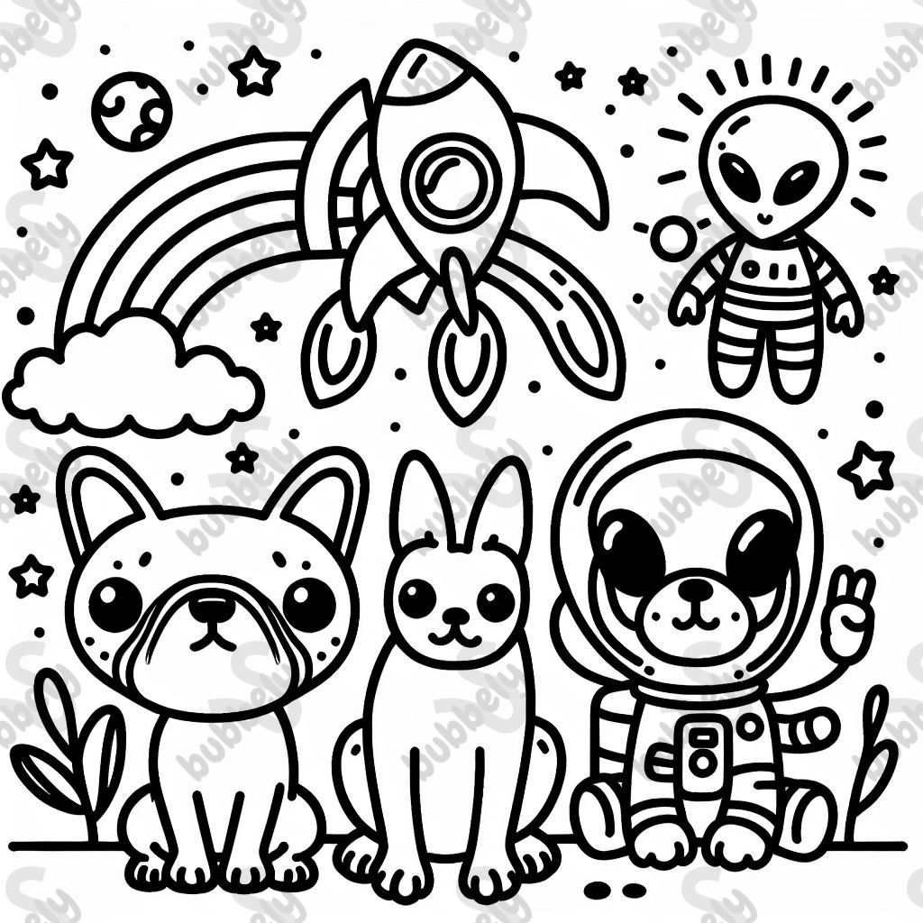 Cute design with bold design featuring two french bulldogs, spaceship, rainbow, and alien