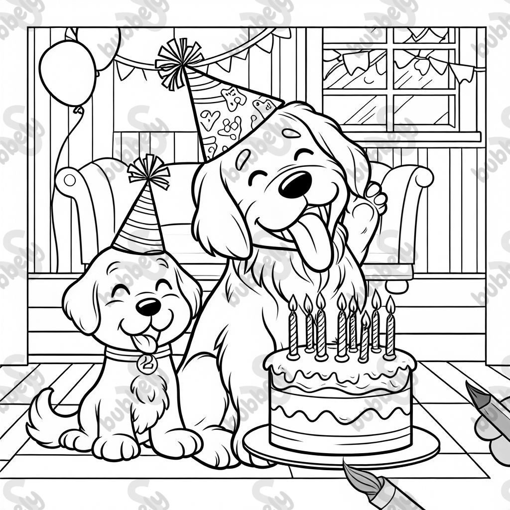 A golden retriever dog at a birthday party.