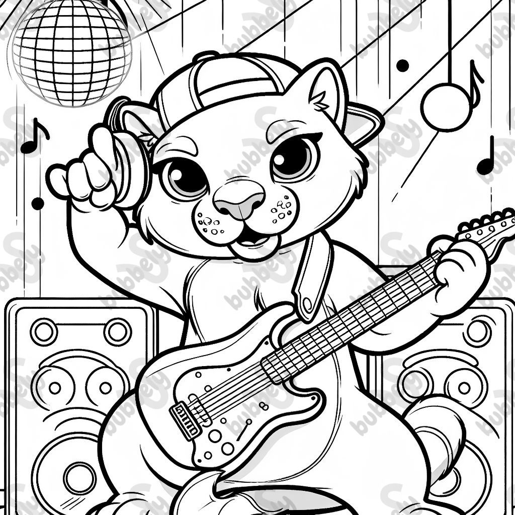 A puma playing rock music on an electric guitar and wearing a backwards hat. There is a disco ball on the ceiling. A puma playing rock music on an electric guitar and wearing a backwards hat. There is a disco ball on the ceiling.