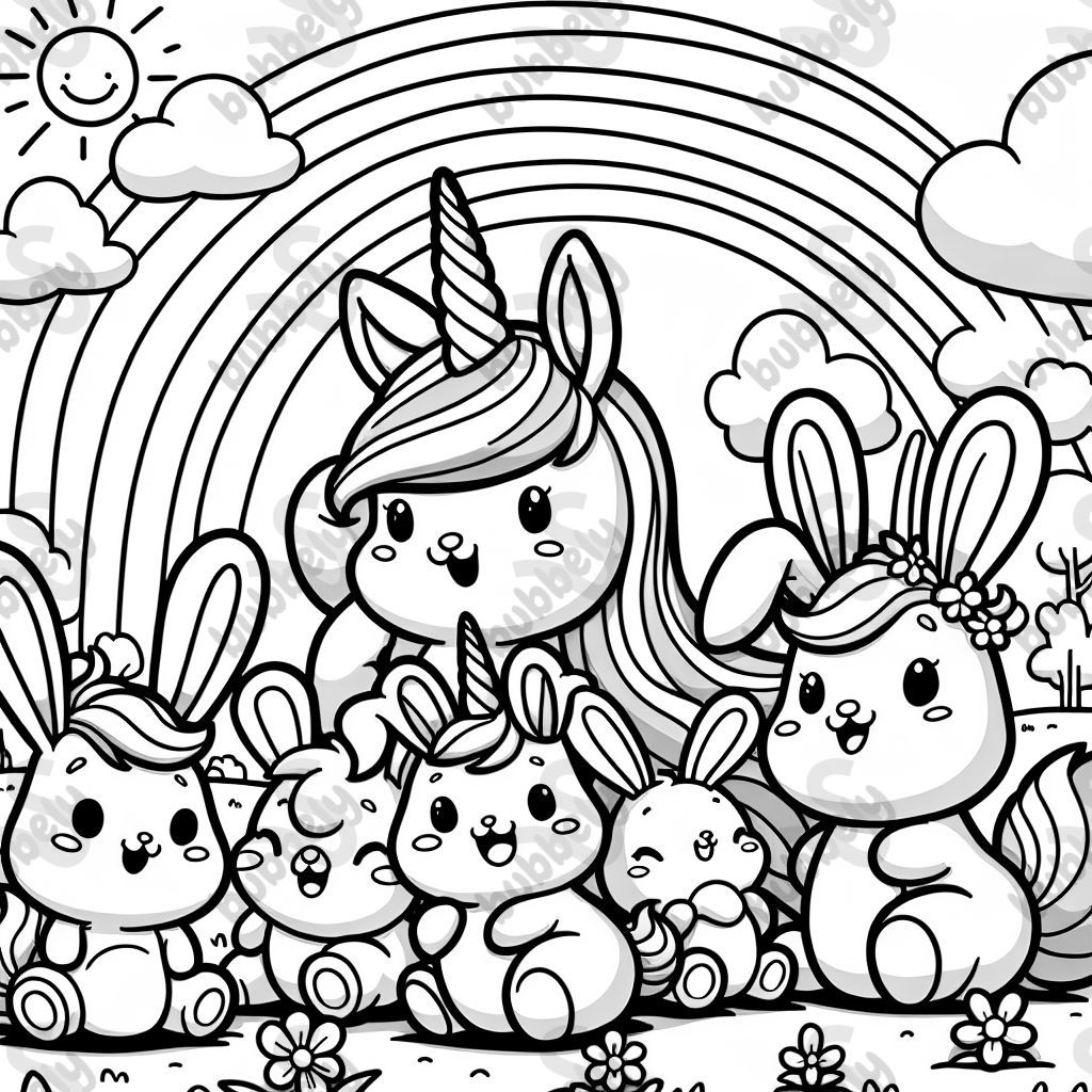 A group of colorful, friendly Unibunnies having fun together.