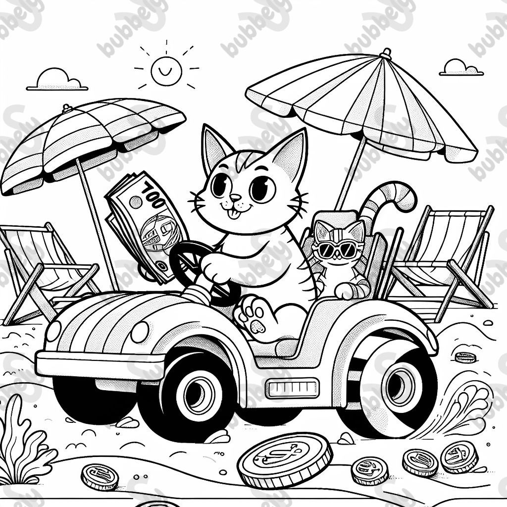 a cat in a beach buggy with 100€ in its paws