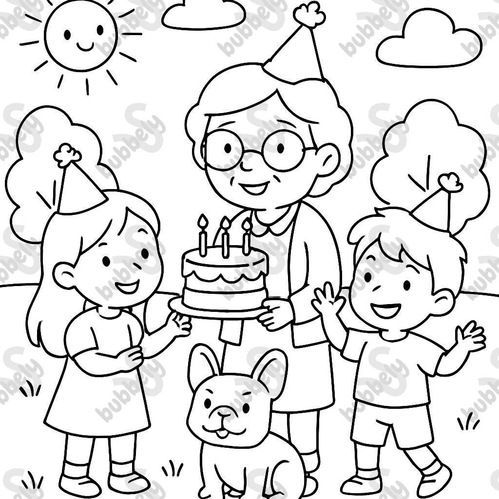 Oma feiert Geburtstag mit Enkeltochter, Enkelsohn und französischer Bulldogge in der Natur