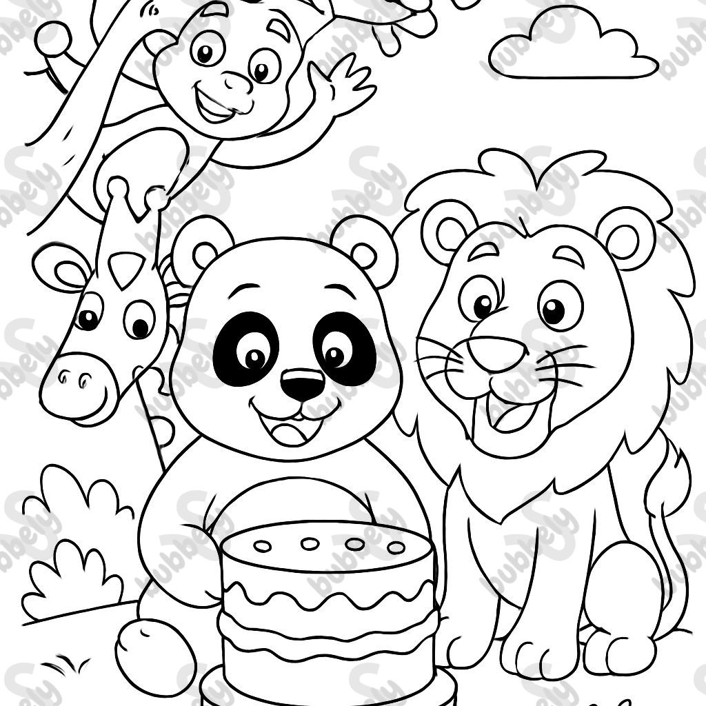 A panda bear with a birthday cake with no candles and other zoo animals surrounding the lion.
