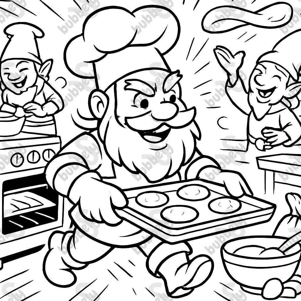 des gnomes cuisinant des gâteaux