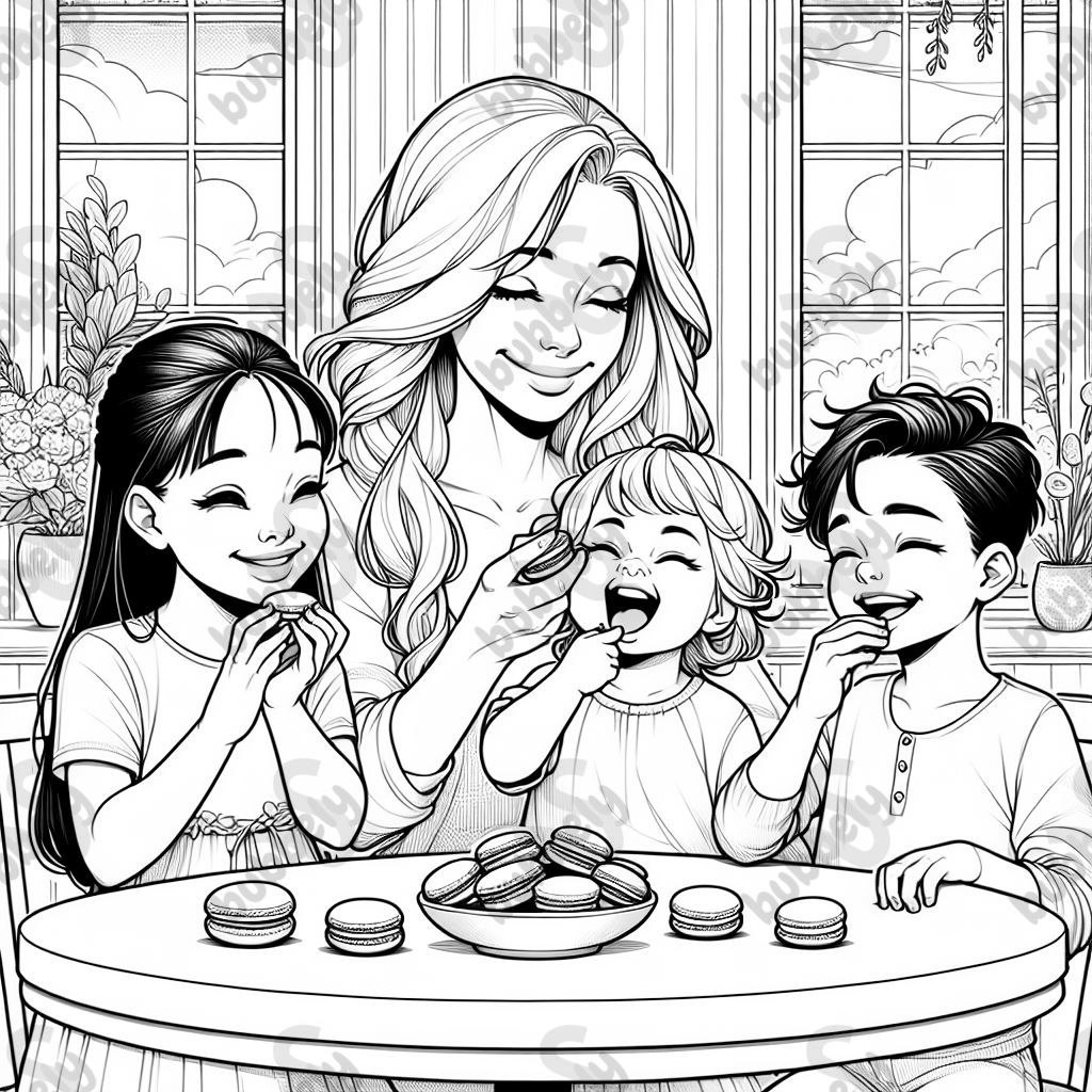 Mommy with 2 daughters and 1 son eating Macarons. The smaller daughter is disgusted.