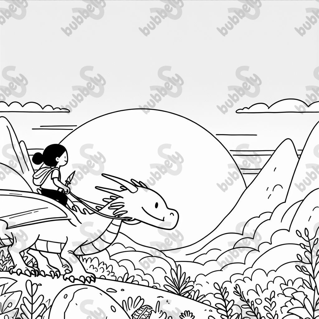 Girl riding a dragon during sunset