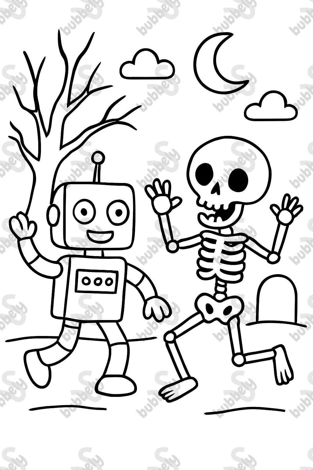 Robots y esqueletos bailando en un ambiente espeluznante Robots y esqueletos bailando en un ambiente espeluznante