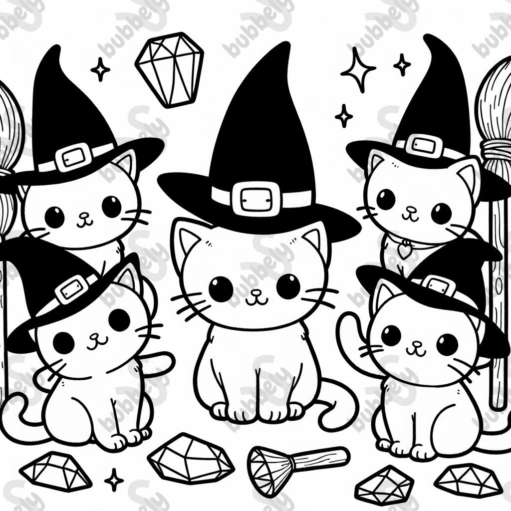 Cats sitting in a group wearing witches hats surrounded by brooms and jewels