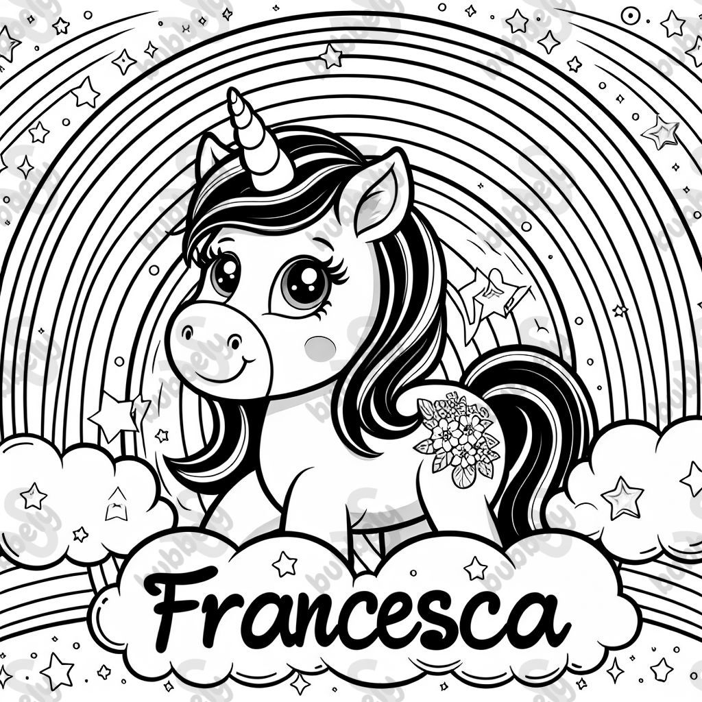 A unicorn under a rainbow with the name francesca under it that can be colores