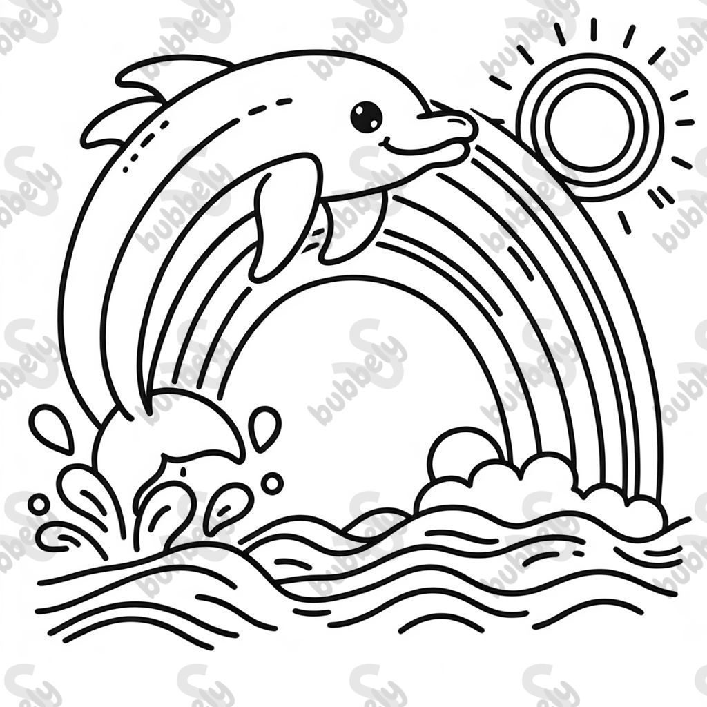 a dolphin that is flying out of the water with a rainbow in the background