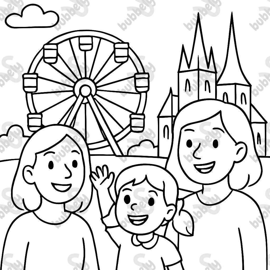 Créez une page à colorier avec deux femmes adultes et une petite fille de 4 ans montant une grande roue devant la cathédrale d'Erfurt. Créez une page à colorier avec deux femmes adultes et une petite fille de 4 ans montant une grande roue devant la cathédrale d'Erfurt.